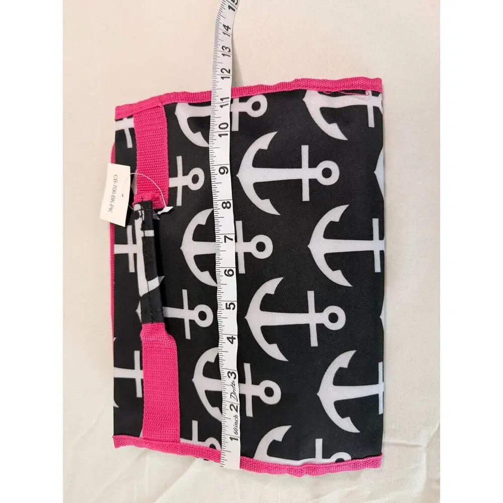 NWT Hanging Travel Toiletry Cosmetic Roll Up Bag Black White Anchor Pink